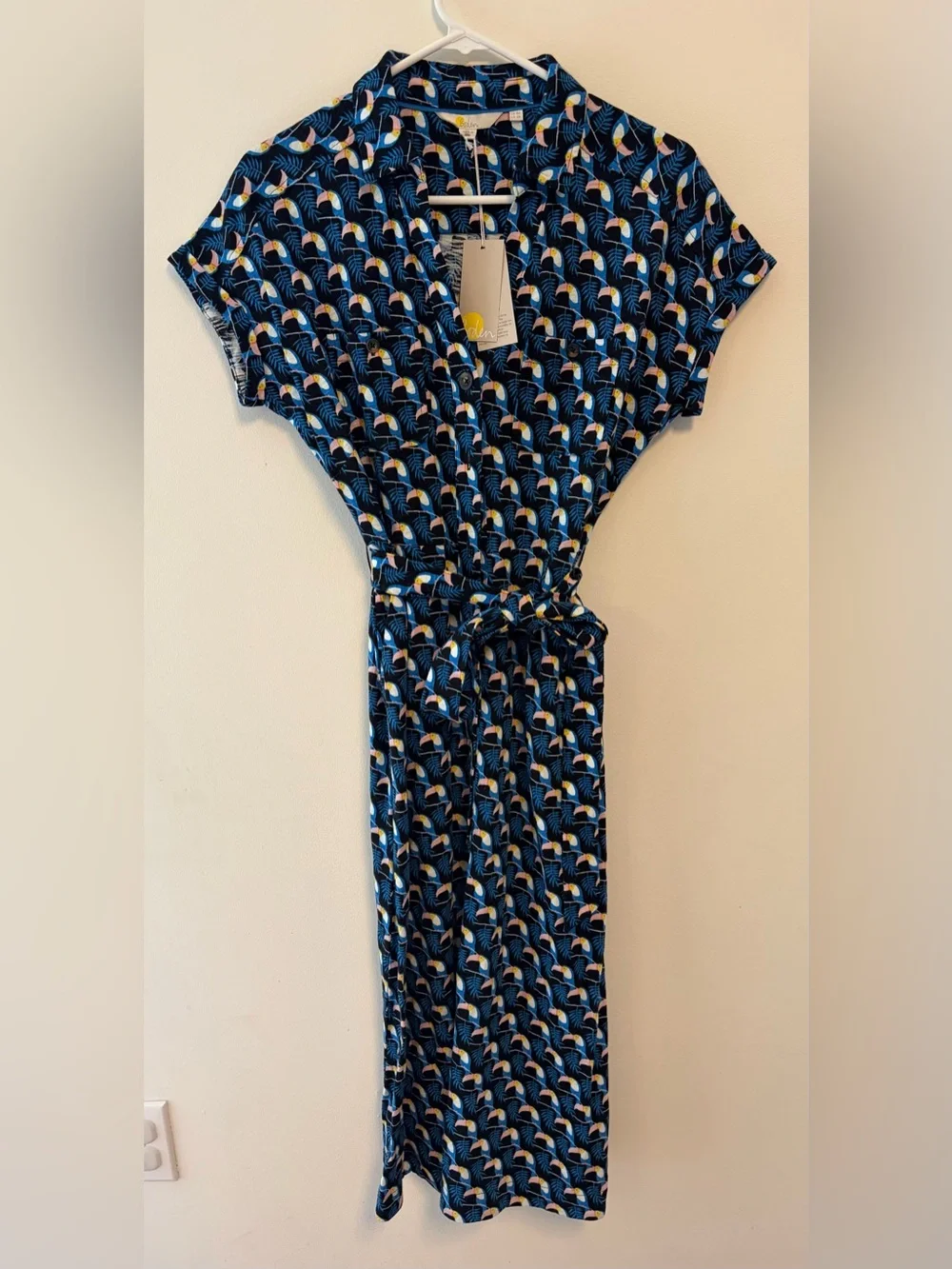 BODEN Thomasina Tie Waist Midi Shirt Dress Toucan Print Women's Size 4R Cotton - Picture 2 of 12